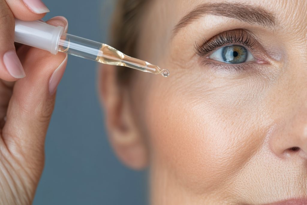 mature women applying face serum on her face