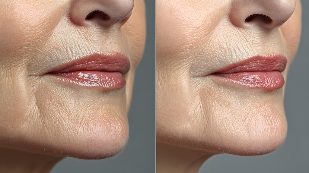 aged female face before and after doing anti-ageing facial