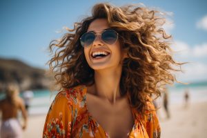 a women at beach wearing sunglass