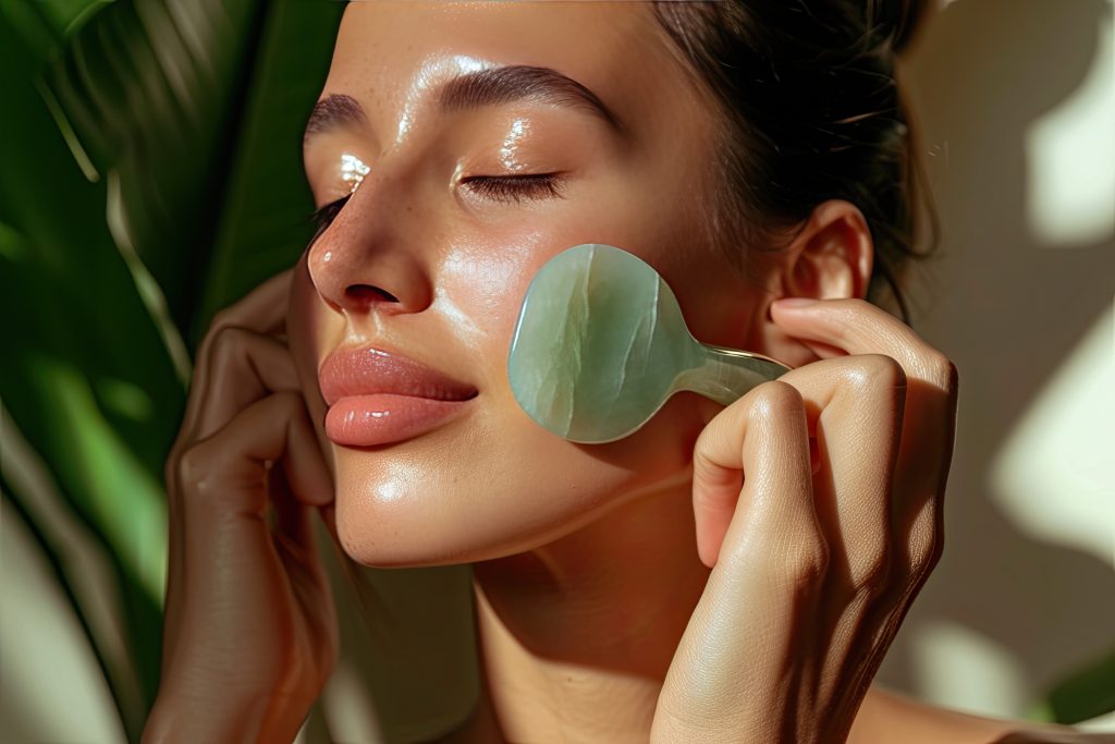 a women with a green face mask