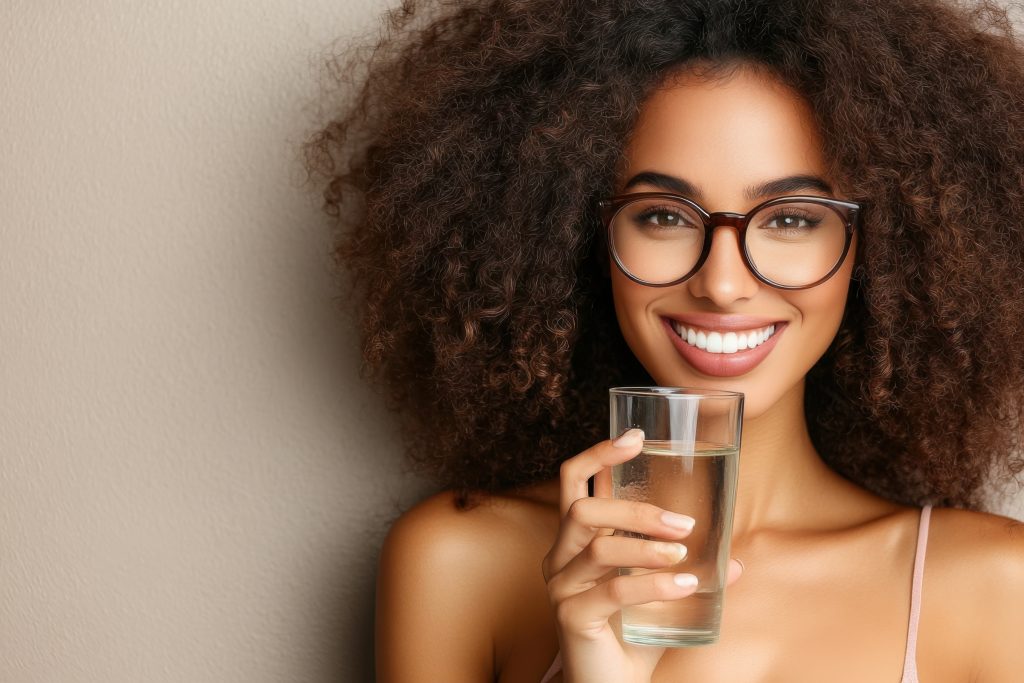 a women holding a glass of water